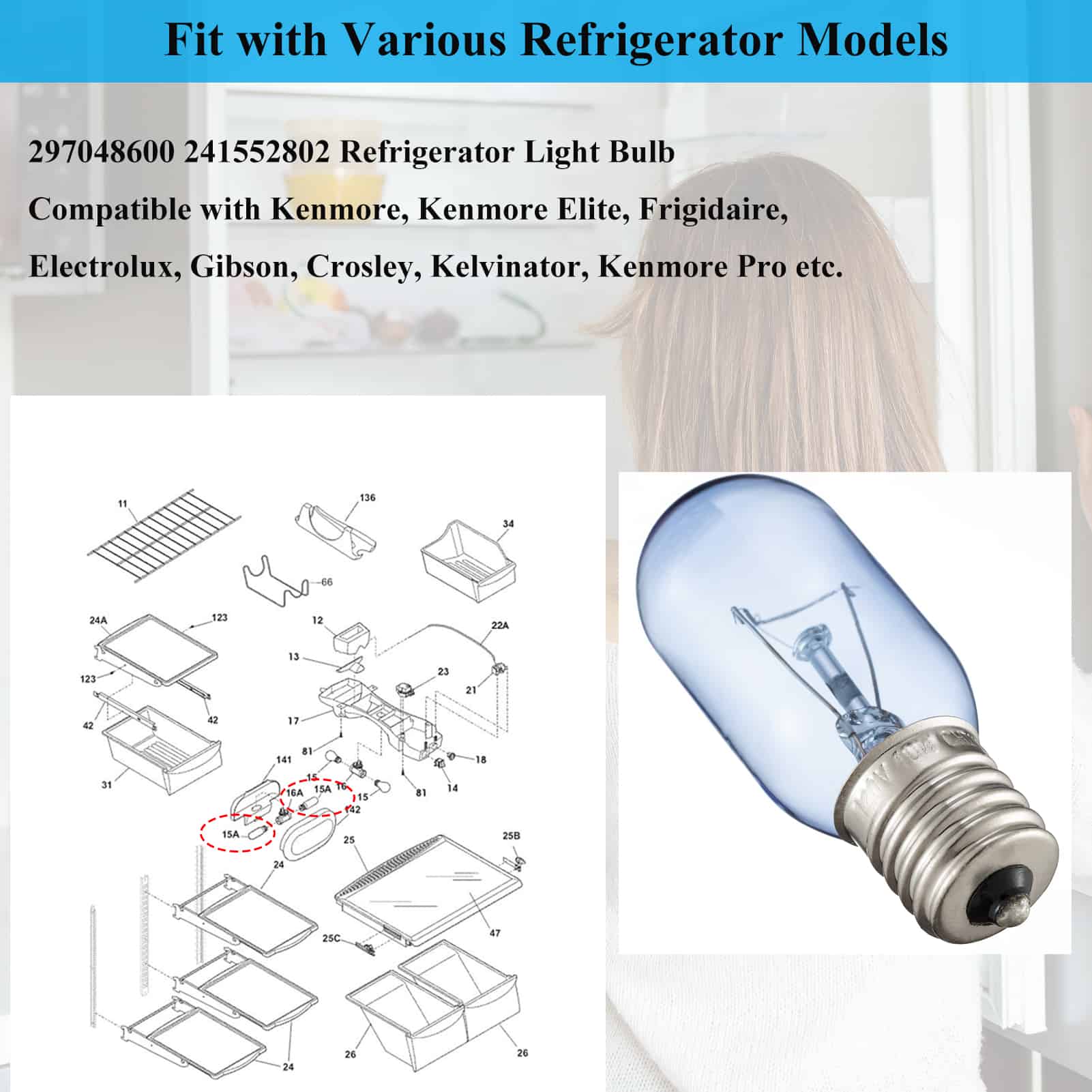 297048600 Refrigerator Light Bulb 40W for Frigidaire Kenmore Whirlpool  Kitchenai